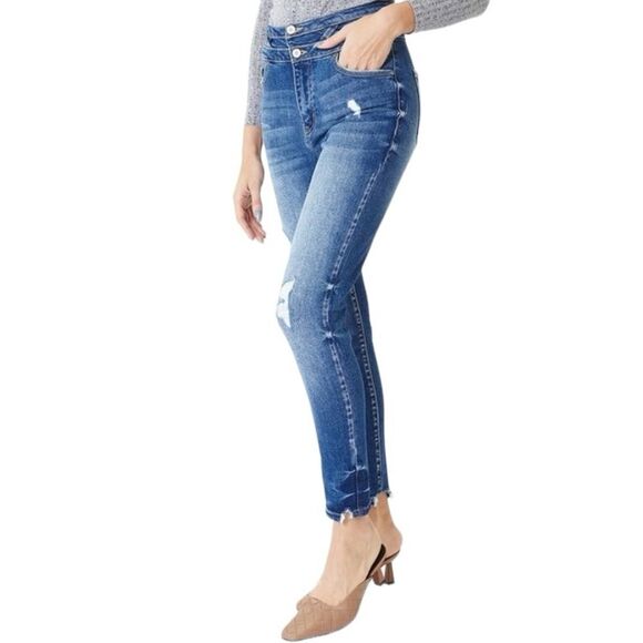 KanCan High Rise Double Button Super Skinny Distressed Denim Blue Jeans Sz 11/29 - Picture 15 of 15